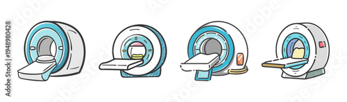 Collection of hand-drawn icons depicting MRI scanner machines for medical imaging.