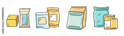 Assortment of hand-drawn packaging materials including bags and boxes for goods.