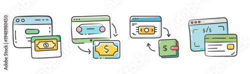 Cartoon icons illustrating online payment gateway transactions and money transfer.