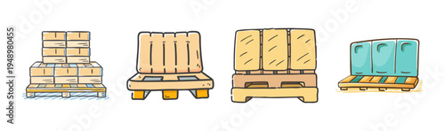 Set of hand-drawn wooden and plastic pallets stacked with boxes and containers.