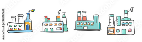 Hand-drawn icons of pharmaceutical factories with smokestacks and pipes