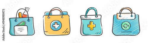 Hand-drawn pharmacy bags with medical crosses and prescription items