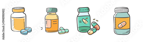 Hand-drawn icons of pill bottles and capsules symbolizing healthcare and medication.