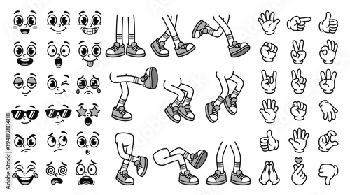 Cartoon faces with various expressions, walking legs in sneakers, and hand gestures with vintage gloves isolated on a white background for sticker sets