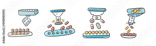 Doodle-style illustrations of pill sorting and packaging machines in pharmaceutical industry.
