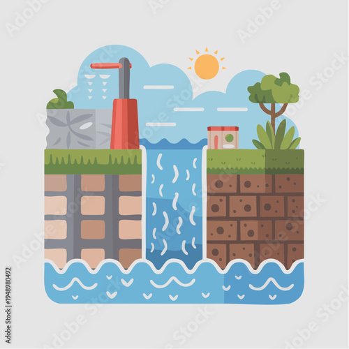 Environmental comparison illustration of polluted and clean water ecos
