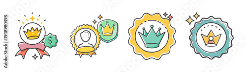 Premium quality badge icons, 4 gold crown award symbols, loyalty program reward stickers