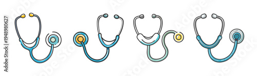 Medical stethoscope icons, 4 flat vector illustrations, healthcare diagnostic equipment