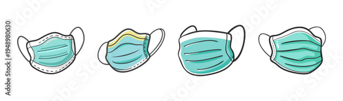 Group of four disposable medical surgical masks for protection and hygiene.