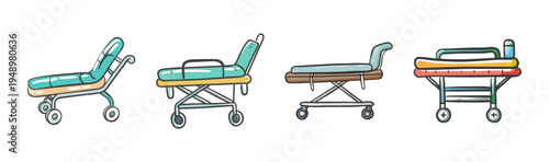 Collection of four diverse medical stretchers with wheels and adjustable features.