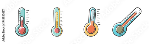 Set of four colorful hand-drawn thermometers indicating different temperature levels