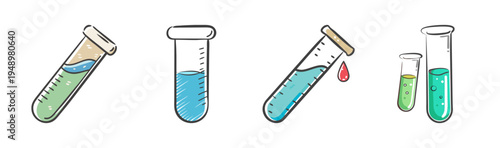 Hand drawn test tubes with colorful liquids and drops for science and laboratory experiments.