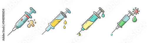 Set of hand-drawn vaccine syringes with liquid, drops, and virus icon for medical use