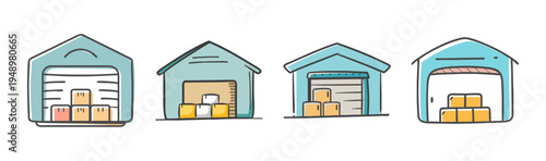 Four cartoon warehouse buildings with boxes inside, representing storage and logistics.