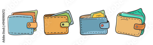 Hand drawn wallet icons, colorful leather purse set, 4 money pouch vector illustrations