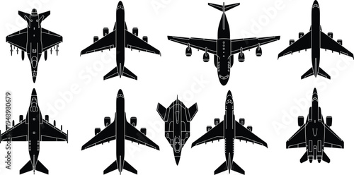 Black silhouette illustrations of military jets and commercial airplanes viewed from above, ideal for aviation comparison, engineering design, or transportation themes.