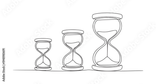 Three outline hourglasses of increasing size with sand time measurement counting
