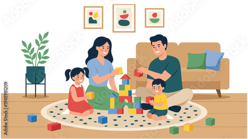 Family playing with colorful building blocks on carpet in living room