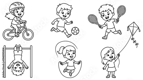Kids outdoor activities coloring page set with children doing sports