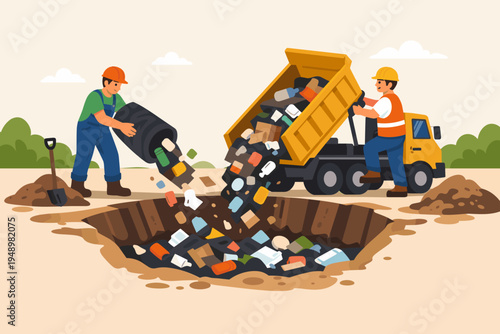 Workers Pouring Rubbish into a Pit to Cover Up Trash, Simple Flat Vector Illustration of Environmental Pollution, Landfill Waste Disposal, Illegal Dumping, and Garbage Management Site Concept.