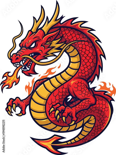 red dragon vector illustration with yellow accents and fire