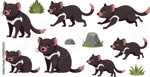 Cute Cartoon Tasmanian Devil Character Set with Rocks Bush Grass Vector Illustration