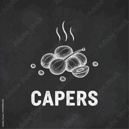 Chalk drawing of capers with text on black background
