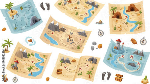 Pirate treasure hunt map vector set vintage parchment adventure maps with islands rivers mountains compass footprints chest fantasy navigation illustration collection isolated background