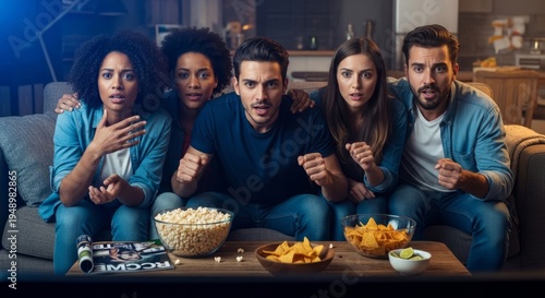 Group of friends watching football match on television at home. Excited team of men and woman cheering during live sport game. Casual leisure activity with snacks in living room setting.