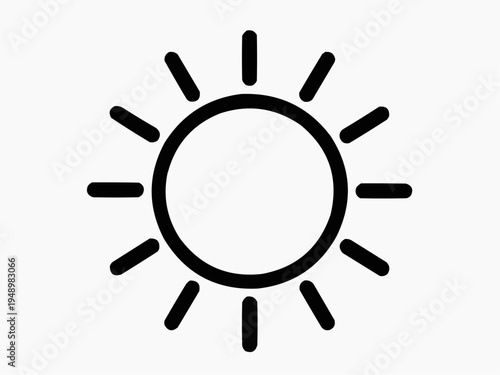 Sun icon with rays on white background, minimalistic design, graphic element