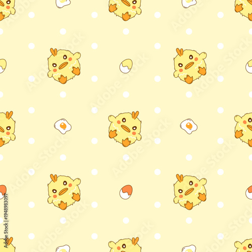 Duck, Cute Seamless Pattern with Whimsical Yellow Ducklings and Eggs on a Dotted Background