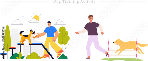 Professional Dog Training Agility Activity Flat Vector Canine Obedience Outdoor Illustration Set