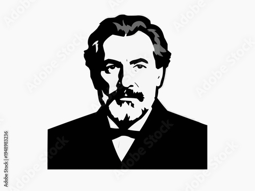 Illustration of a distinguished man with a thoughtful expression in black and white style