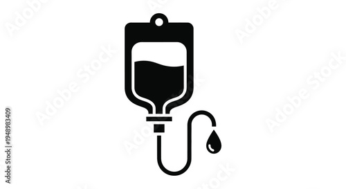 Simple black icon depicting an iv drip bag and tubing with a droplet
