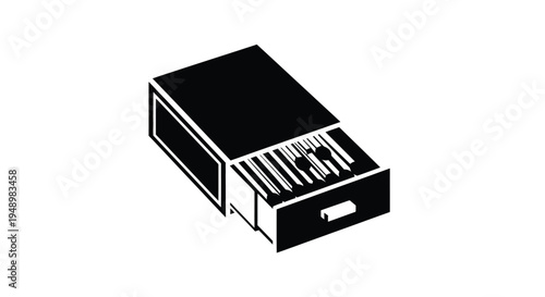 Simple black and white illustration of an open matchbox with matches