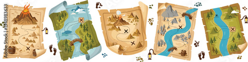 Vintage pirate treasure map vector set with parchment scroll islands mountains rivers path marks lantern footprints fantasy adventure navigation illustration collection isolated background