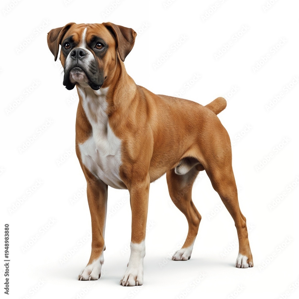 Obraz premium Boxer dog standing upright against a white background, showcasing its muscular build and alert expression