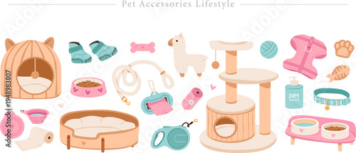 Pet Accessories Lifestyle Flat Vector Cat Dog Care Essentials Flat Lay Illustration Set