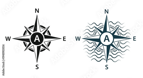 Two nautical compass rose designs with cardinal directions indicated