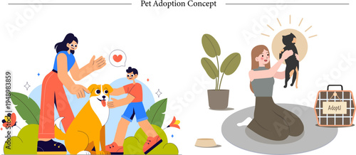 Pet Adoption Flat Vector Emotional Animal Rescue Family Bonding Illustration Set