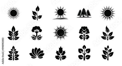 Black silhouettes of suns leaves flowers and trees arranged on white