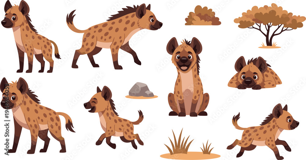 Obraz premium Cute Cartoon Hyena Character Set with Savannah Tree Grass Rock Vector Illustration