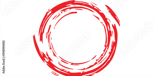 Red circular grunge brush pattern, rough paint strokes forming spiral motion, modern abstract vector texture.