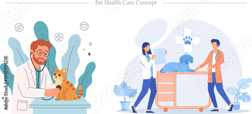 Pet Health Care Flat Vector Veterinary Medical Clinic Animal Wellness Illustration Set