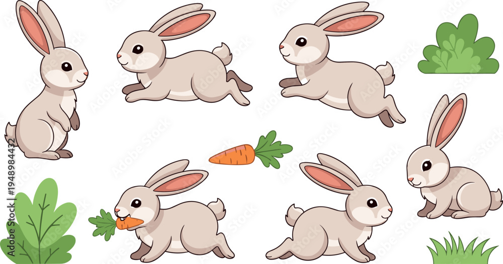 Obraz premium Cute Cartoon Rabbit Character Set with Carrot Bush Grass Vector Illustration