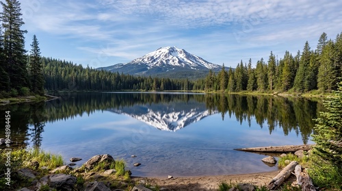 Majestic Snow-capped Mountain Reflection in Calm Lake with Dense Evergreen Forest and Blue Sky
