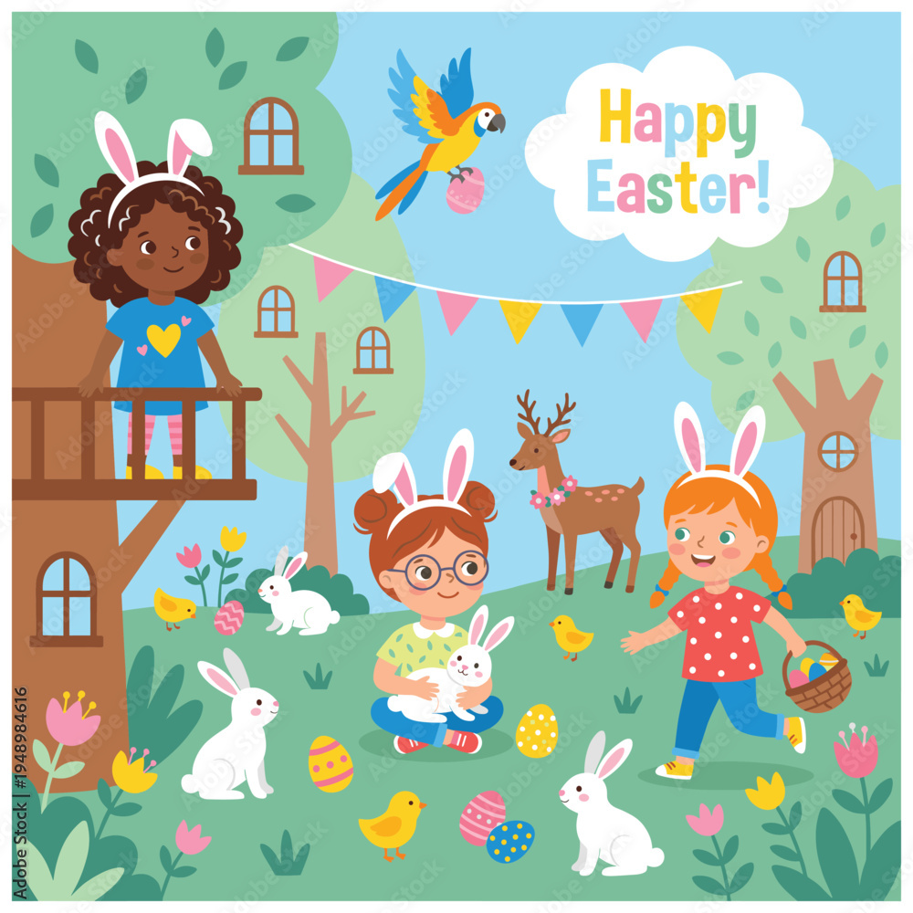 Fototapeta premium Happy easter cartoon banner with children and spring animals
