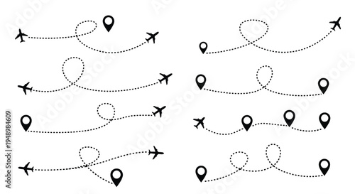 Airplane flight paths and location pins in a minimalist design