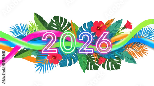 Colorful 2026 Text with Leaves and Ribbons.