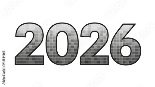 Large gray 2026 number with mosaic pattern.